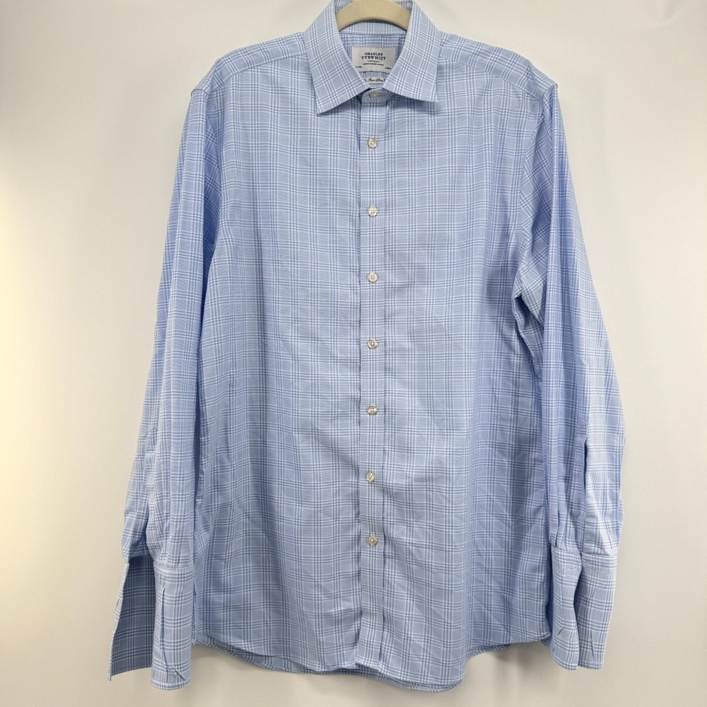 Charles Tyrwhitt Slim Fit Shirt Men's 16.5/35 Blue Plaid Non-Iron Barrel Sleeve
